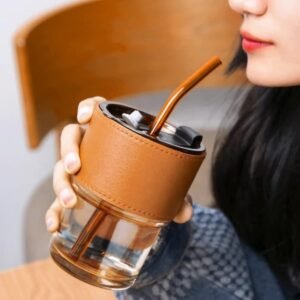 Tumbler Mug with Lid, Straw and Protective Anti-Skid Leather Sleeve for Hot and Cold Beverages