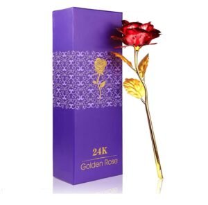 Red Rose Flower With Golden Leaf With Luxury Gift Box