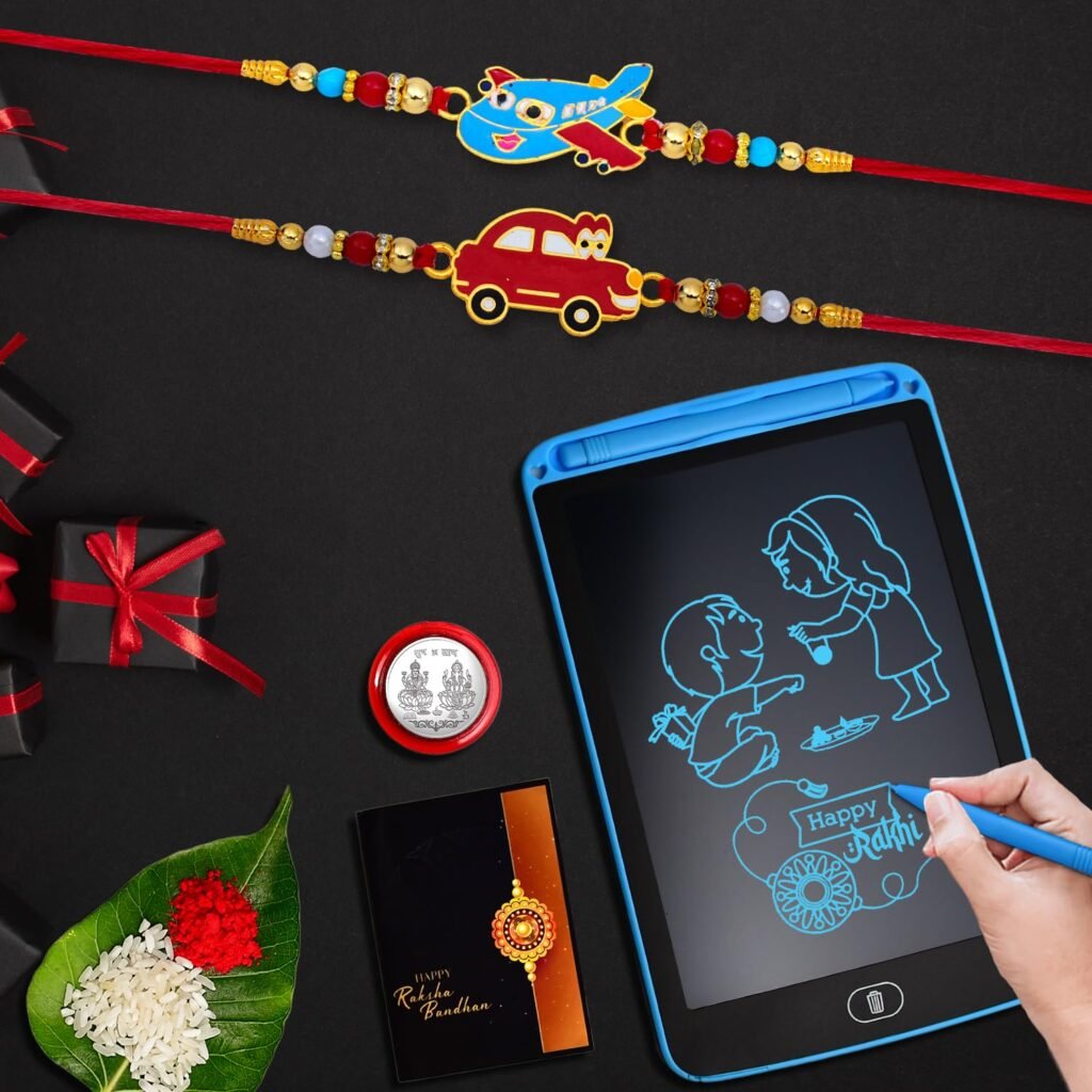 DeoDap Multicolor Rakhi/Bracelet (K1_313_1360) with Effete LCD Writing Pad/Tablet | Rakhi + Tablet | Beautifuly Crafted Stone and Bead Rakhi Gifts for Little Brother