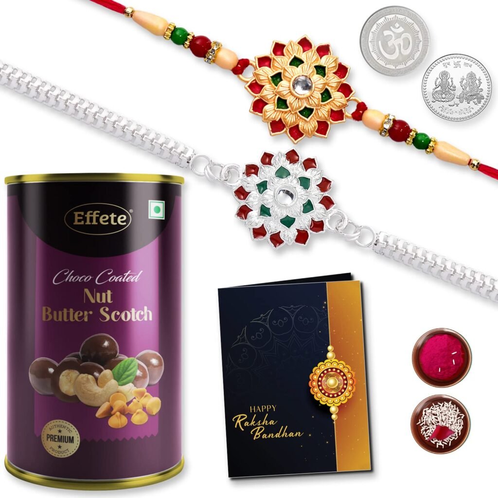 Floral Patterned Silver color & colorful Rakhis Combo | Effete Chocolate Butter Scotch | Silver Color Pooja Coin | Roli Chawal | Greeting Card | Occasion
